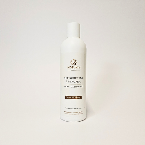 Nimowe Beauty ayurveda shampoo – vit flaska med guldbrun etikett