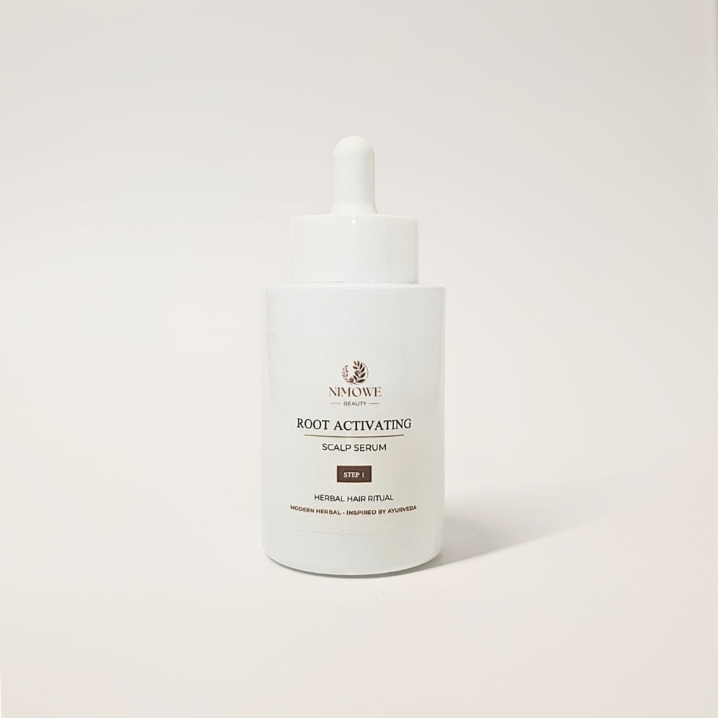 Root Activating Scalp Serum – hårbottenserum i vit flaska med pipett – Nimowe Beauty